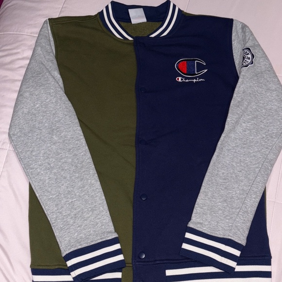 Champion Other - Champion Kids' Two-Tone Varsity Jacket - Olive, Navy, and Gray EUC